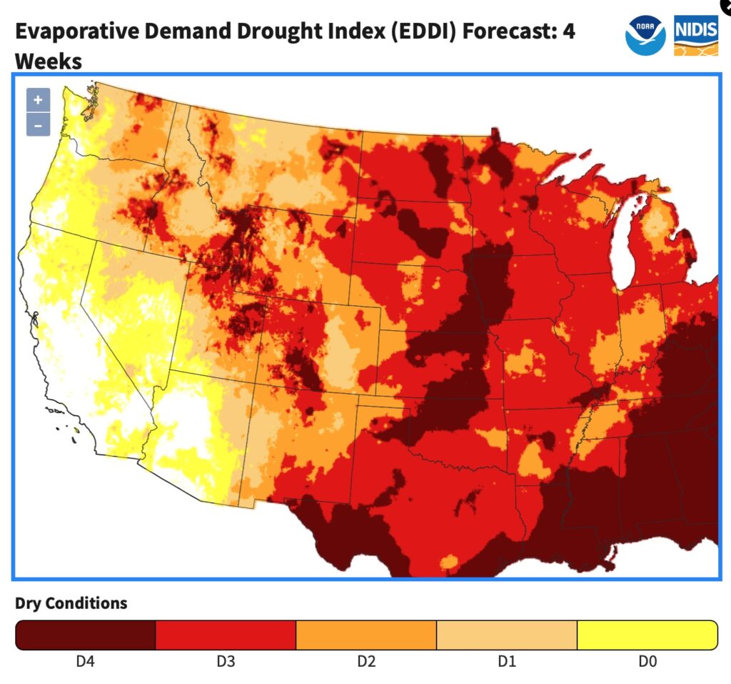 Map of western United States with large areas of the Rocky Mountains in reds and oranges, suggesting dry weather for the next month.