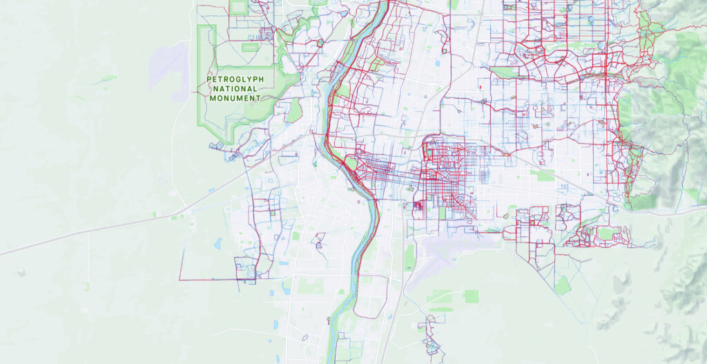 Heat map showing places in Albuquerque where people jog and record their jogging in Strava. Largely in affluent neighborhoods.