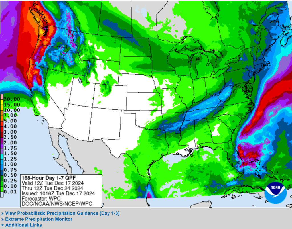 Map of United States showing wet Pacific NW forecast for the next week, a dry Four Corners area. NOAA quantitative precipitation forecast for Dec. 17-24.