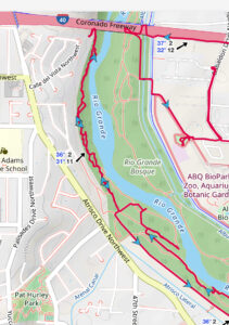 Map showing Rio Grande, freeway, and red line for bike ride.