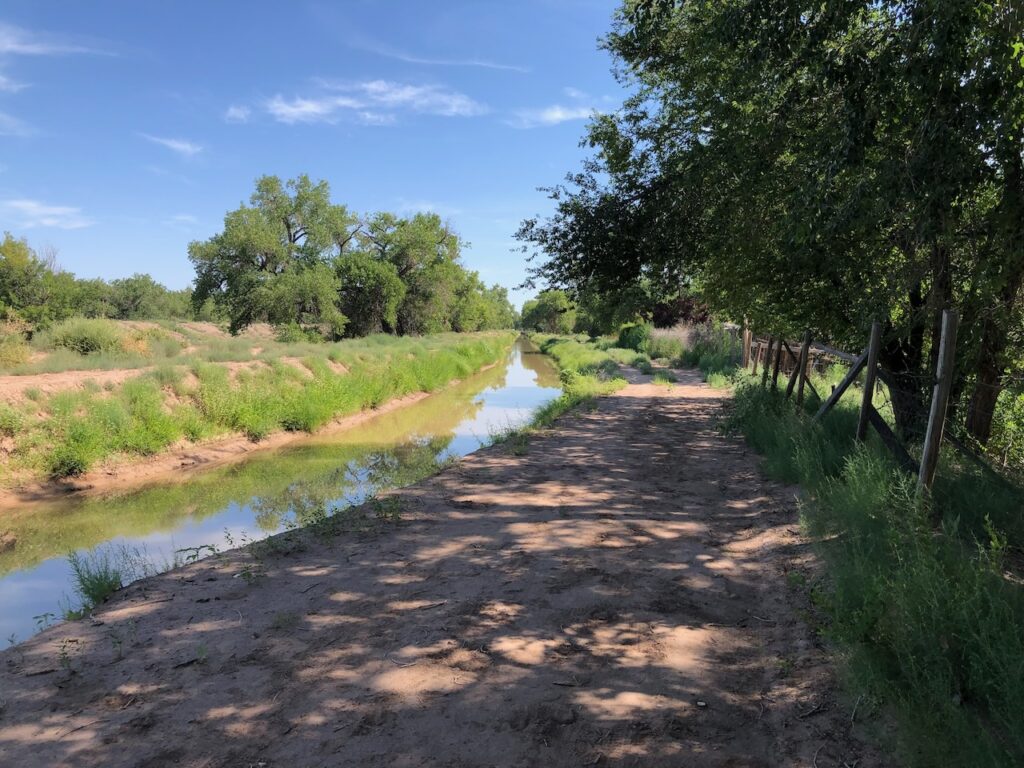 A narrow irrigation canal runs alongside a dirt path bordered by green vegetation and trees. The scene depicts a rural, sun-dappled landscape with blue sky overhead.