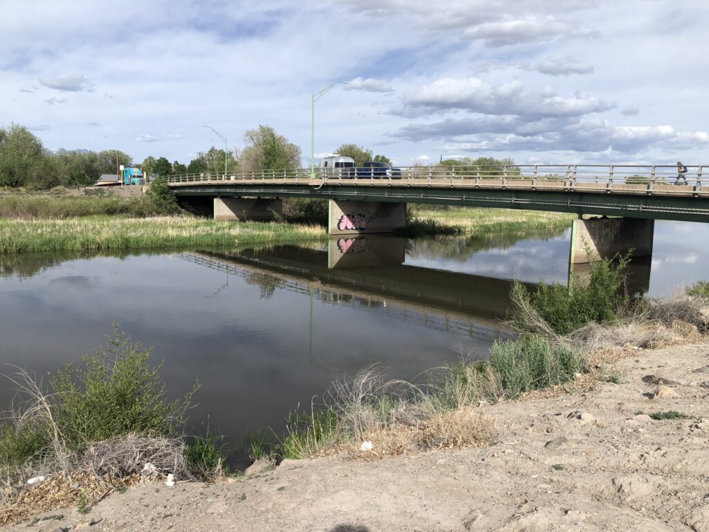 River with a bridge and graffiti