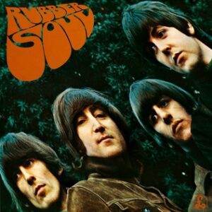  photo of the Beatles – George, John, Ringo, and Paul. The image is diagonally warped. On the top left in a very curvy font reads the text "Rubber Soul"