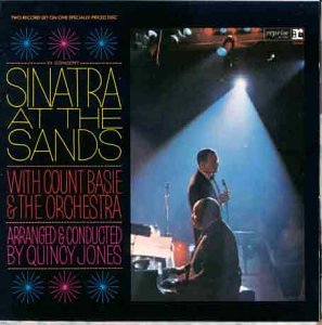 Album cover with Frank Sinatra and Count Basie spotlighted by stage lights, reading "Sinatra at the Sands"