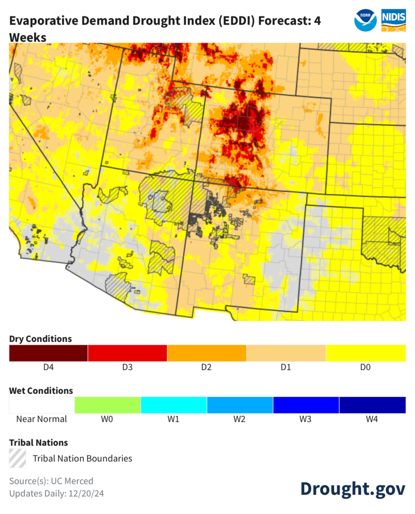 Evaporative Demand Drought Index map for four weeks beginning Dec. 21, 2024, showing high risk of drying across the Rio Grande and Colorado River headwaters.