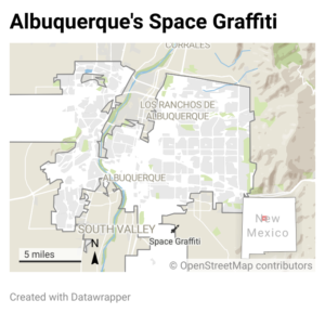 Map of Albuquerque, showing location of space graffiti on the city's southern edge.